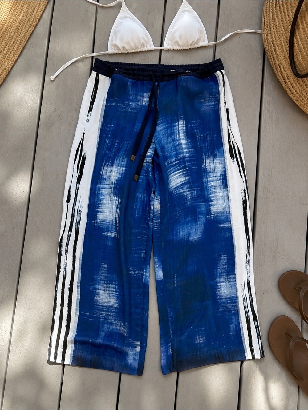 Worth New York Blue Abstract Print Wide Leg Crop Pants Size M Made USA